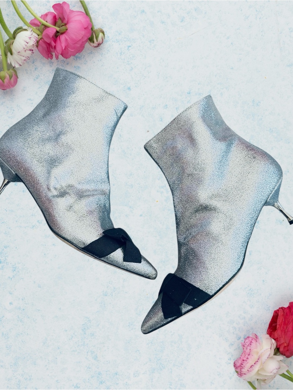 Dee Keller Silver Pointed Toe Ankle Booties with Black Bow Accent - Women
